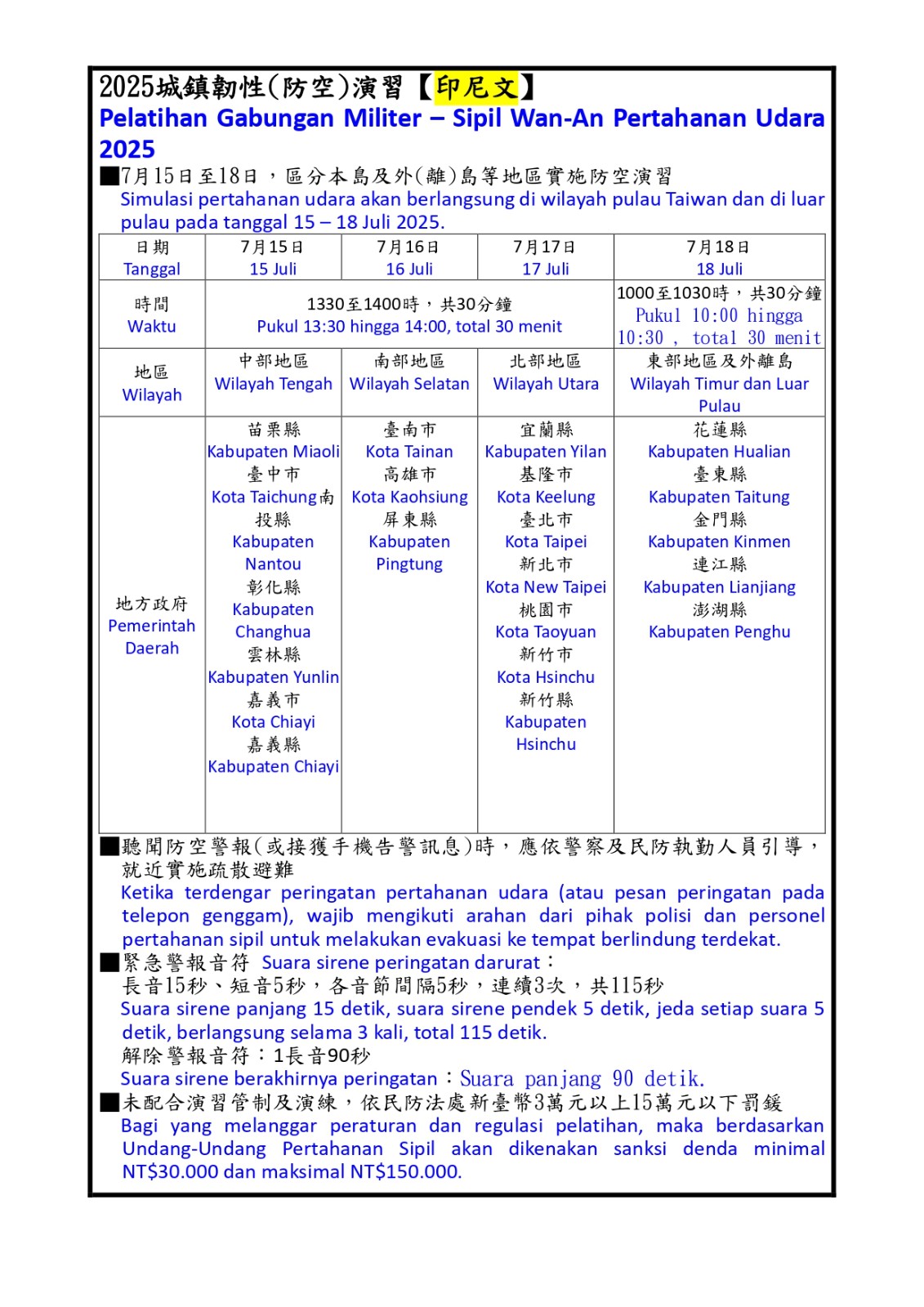 【宣導】「2025城鎮韌性（防空）演習」北部於7/17(四)實施防空演習照片