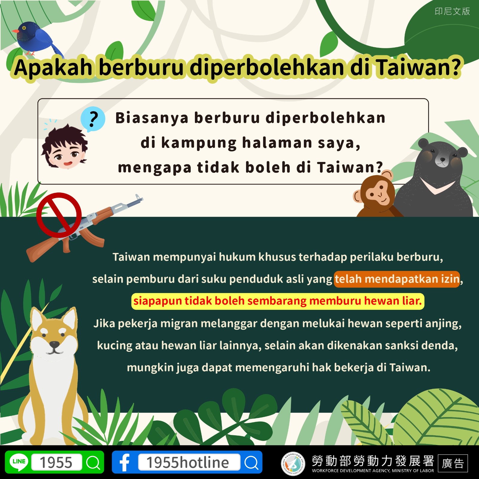 【轉知】新北市政府動物保護防疫處加強宣導外籍移工對野生動物保育法認識，避免觸法（多國語言）照片